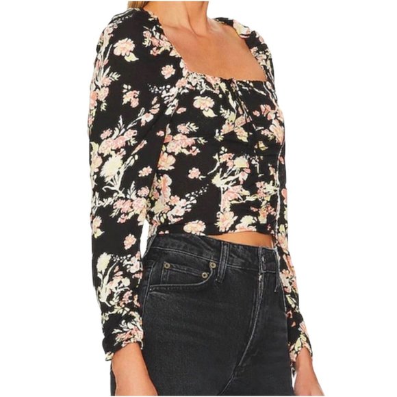NWT $98 Free People Hilary Printed Top Size Small Black Combo Smocked Blouse S - Picture 3 of 16